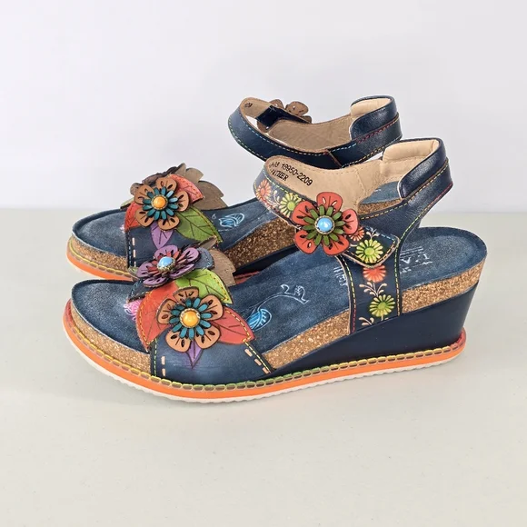 L’Artiste Gazebo Floral Leather Platform Wedge Sandals EU 38 US Size 7.5-8 - Picture 3 of 9